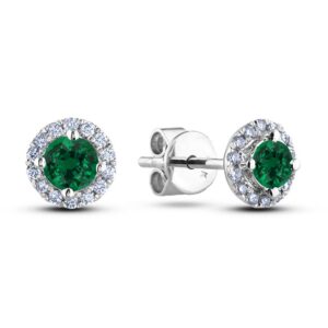 Emerald & Canadian Diamond Halo Stud Earrings in White Gold