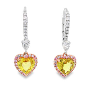 Non Heated Tanzania Yellow Sapphire and De Beers Forevermark Diamond Halo Dangle Earrings in 18K Gold