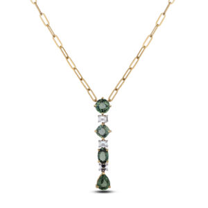 Tanzanian Non Heated Green Sapphire and De Beers Forevermark Diamond Drop Paperclip Chain Necklace in 18K Gold