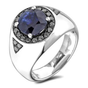 Oval Sapphire And Black Diamond Signet Ring in 18K White Gold