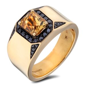 Yellow Sapphire and Black Diamond Signet Ring in 18K Yellow Gold