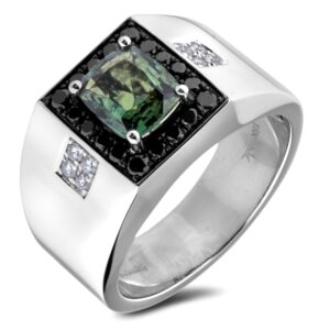 Green Sapphire and Diamond Signet Ring in 18K White Gold