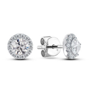Classic Halo De Beers Forevermark Diamond Stud Earrings in 14K White Gold