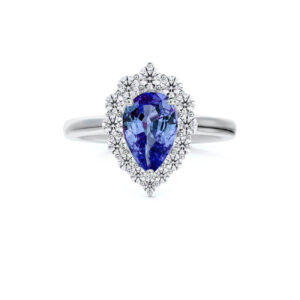 Non Heated Tanzanian Sapphire and De Beers Forevermark Diamond Pear Shape Halo Ring in 14K White Gold