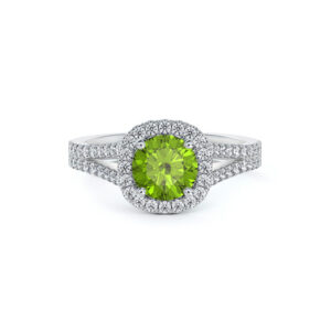 Peridot and De Beers Forevermark Halo Split Shank Ring in 14K White Gold