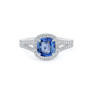 Non Heated Ceylon Sapphire and De Beers Forevermark Halo Split Shank Ring in 14K Gold