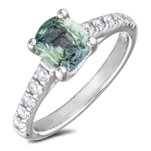 1.19 Carat Cushion Cut Green Sapphire and Diamond Accent Ring in 14K White Gold
