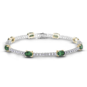 Oval Emerald and Canadian Diamond Tennis Bracelet in White Gold