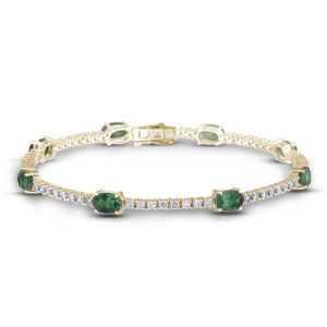 Oval Brazilian Emerald and Canadian Diamond Tennis Bracelet in Yellow Gold