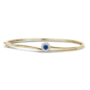 Ceylon Sapphire and Canadian Diamond Halo Bangle Bracelet in Yellow Gold