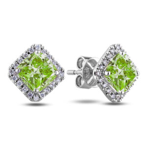 Peridot and Canadian Diamond Halo Stud Earrings In Yellow Gold