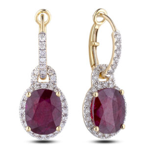 Oval Shaped Ruby And Diamond Halo Dangle Drop Earrings In 14K Yellow Gold