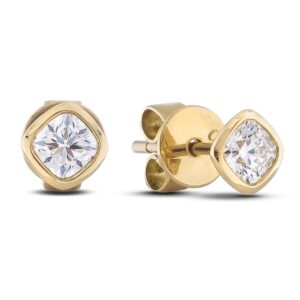Bezel Set Cushion Cut De Beers Forevermark Diamond Solitaire Studs Earrings in 18K Yellow Gold