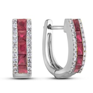 1.40 Carat TW Princess Cut Ruby & Diamond Hoop Earrings in 14K White Gold