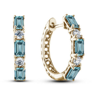 Emerald Cut Aquamarine and Canadian Diamond Hoop Earrings In Yellow Gold