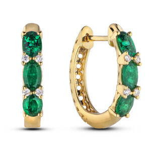 Canadian Diamond and Oval Shaped Emerald Hoop Earrings in Yellow Gold