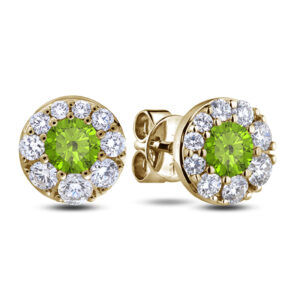 Round Peridot and Canadian Diamond Halo Stud Earrings in Yellow Gold