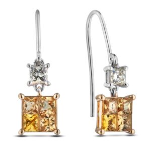 Square Cut Yellow Sapphire and Princess Cut Canadian Diamond Dangle Hook Earrings in Yellow & White Gold