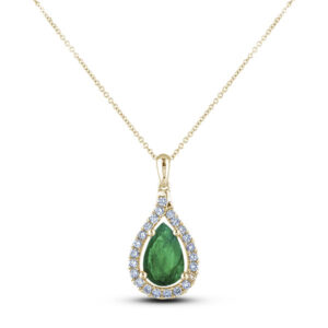 Pear Shape Colombian Emerald & Diamond Halo Pendant in 18K Yellow Gold