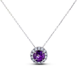 Amethyst & Diamond Halo Pendant in 14K White Gold