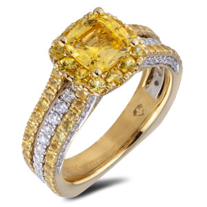 1.44 Carat Yellow Sapphire and Diamond Triple Row Halo Ring with Hidden Details in 18K Yellow Gold