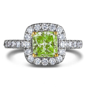 Cushion Cut Peridot And Diamond Halo Ring In Yellow Gold