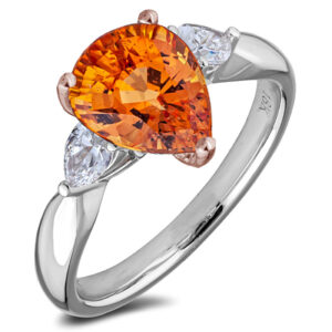 Ceylon Pear Shape Orange Sapphire and De Beers Forevermark Diamond Ring in 18K White Gold
