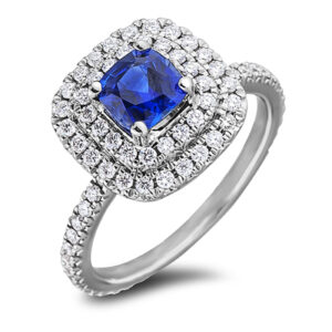 Sapphire and Canadian Diamond Double Halo Ring in White Gold