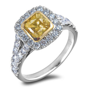 Tanzanian Non-Heated Yellow Sapphire and Diamond Bezel Set Halo Ring in 18K White Gold