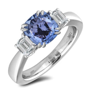 Tanzanian Non Heated Sapphire and De Beers Forevermark Diamond Trilogy Ring in 18K White Gold