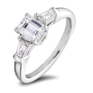 GIA Emerald Cut Diamond Trilogy Engagement Ring in 18K White Gold