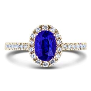 Oval Cut Sapphire & Canadian Diamond Halo Ring In Yellow Gold