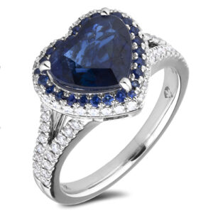 Sapphire and Diamond Heart Shape Double Halo Ring In 18K Yellow Gold
