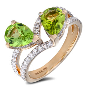 Peridot and Canadian Diamond Halo You and Me Ring in Yellow Gold