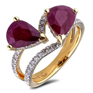 Two Stone Cocktail Ring Set With 3.02 Carat TW Ruby With Accent Diamonds In 18K Yellow Gold