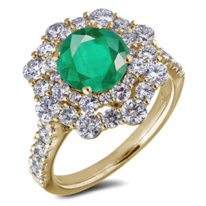 De Beers Forevermark Diamond and Brazilian Emerald Floral Halo Ring in 18K Yellow Gold