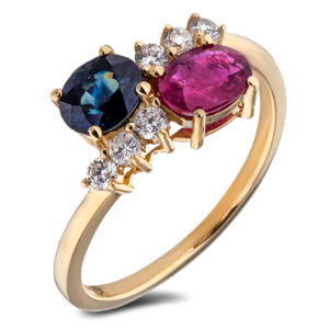 Sapphire and Ruby You and Me Ring With Canadian Diamond Accents In Yellow Gold