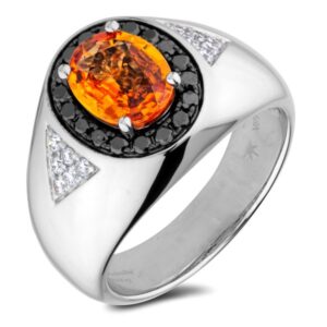 Orange Sapphire and Diamond Signet Ring in 18K White Gold