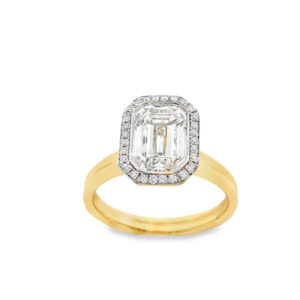 2 Carat Emerald Cut De Beers Forevermark Diamond Halo Engagement Ring in 18K Yellow Gold