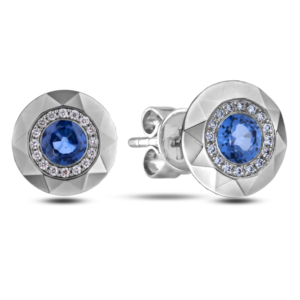 Ceylon Sapphire and Diamond Prism Collection Bezel Set Halo Stud Earrings in 18K White Gold